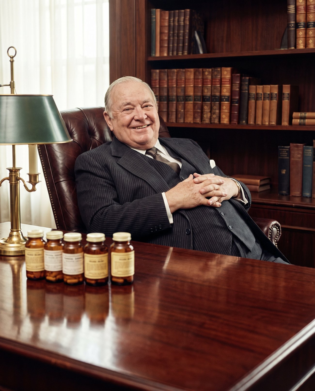 An elderly executive seated behind a large desk, smiling, with a row of prescription bottles in front of him.