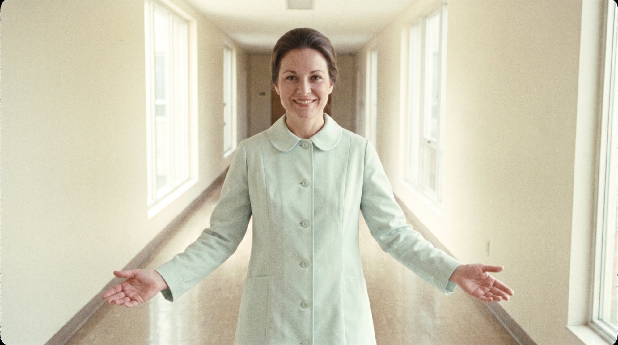 A clinician standing in an empty corridor with her arms open, smiling at the camera.